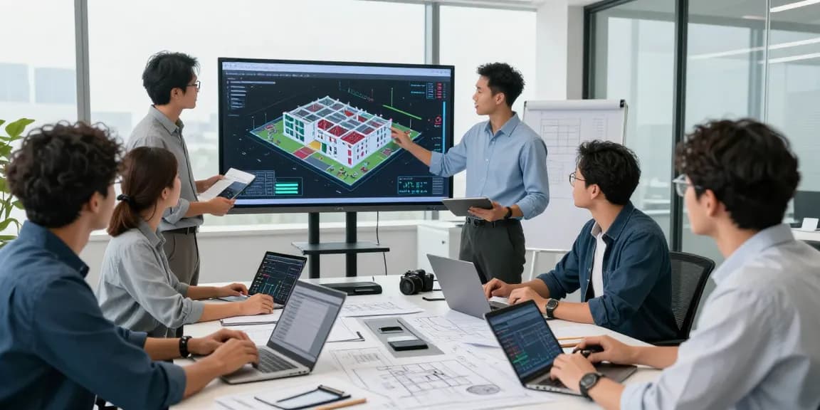 Engineering Services USA team collaborating on structural design in modern office with 3D models and blueprints.
