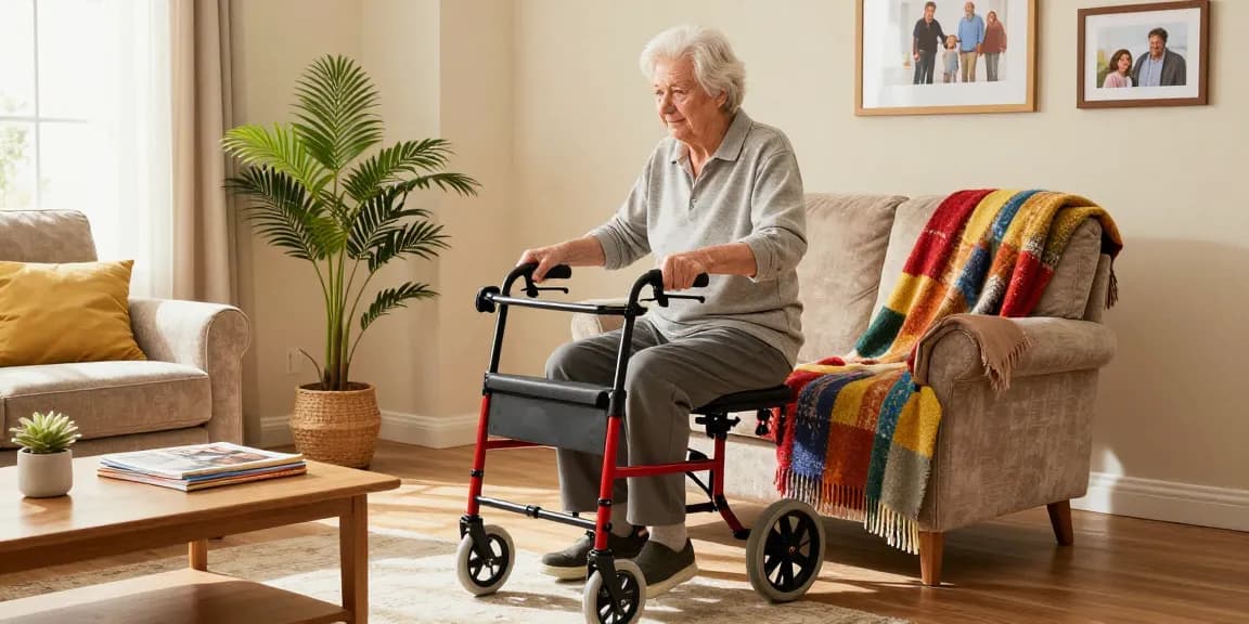 Buy nobility aids demonstrated by an elderly person using a rollator in a cozy living room setting.