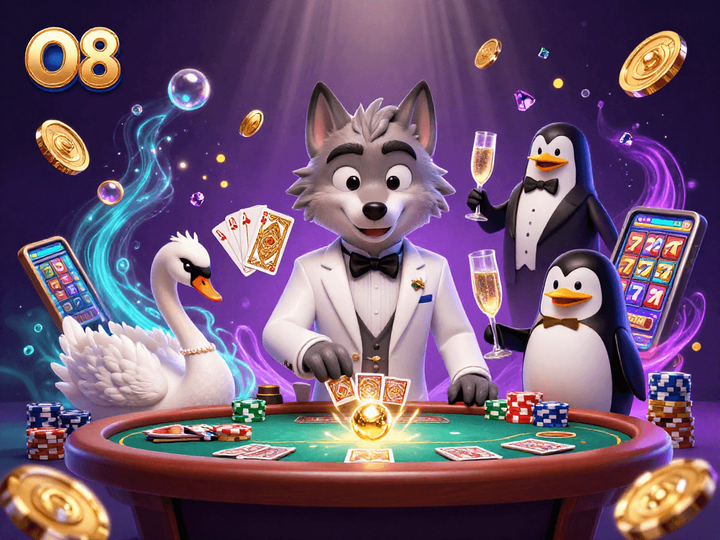 Experience O8's vibrant casino action with a wolf, swan, and penguin amidst sparkling treasures.