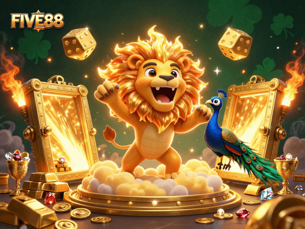 Experience the excitement at FIVE88 with a lively illustration of a sun lion and golden dice amidst treasures, celebrating gaming.