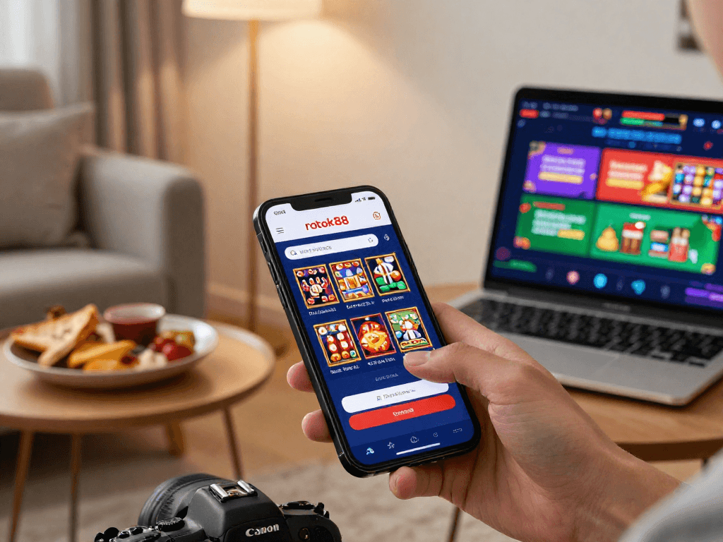 User accessing rokok88 login on smartphone in cozy living room setting with vibrant gaming graphics