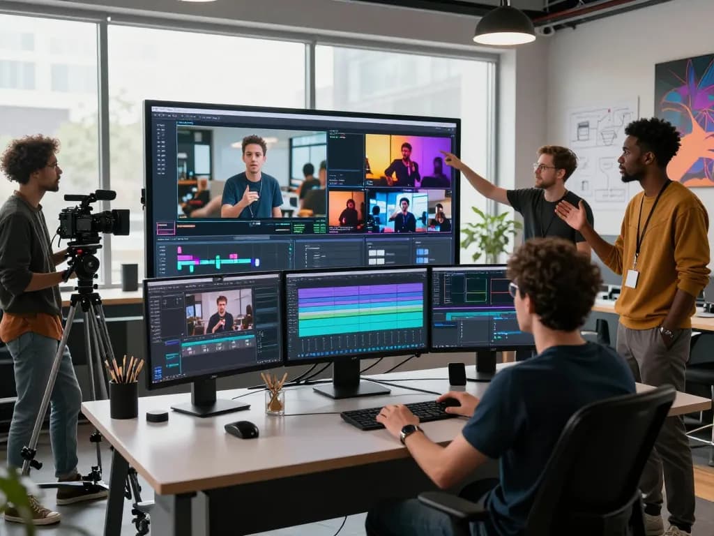 Team utilizing Kling motion technology to create engaging AI videos in a collaborative studio environment.
