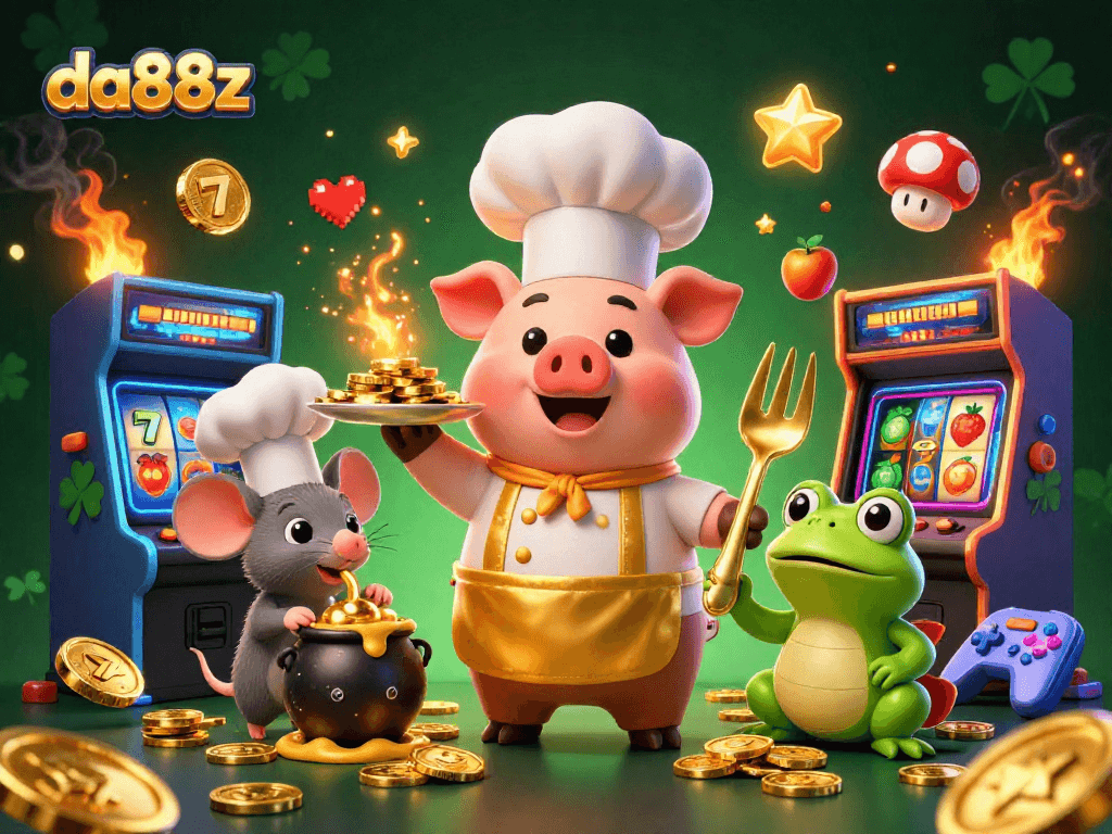 Experience the vibrant casino atmosphere with da88z, featuring a chef pig and gold coins.