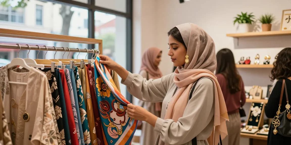 Fashionably browsing in a vibrant hijab shop with colorful fabrics and accessories