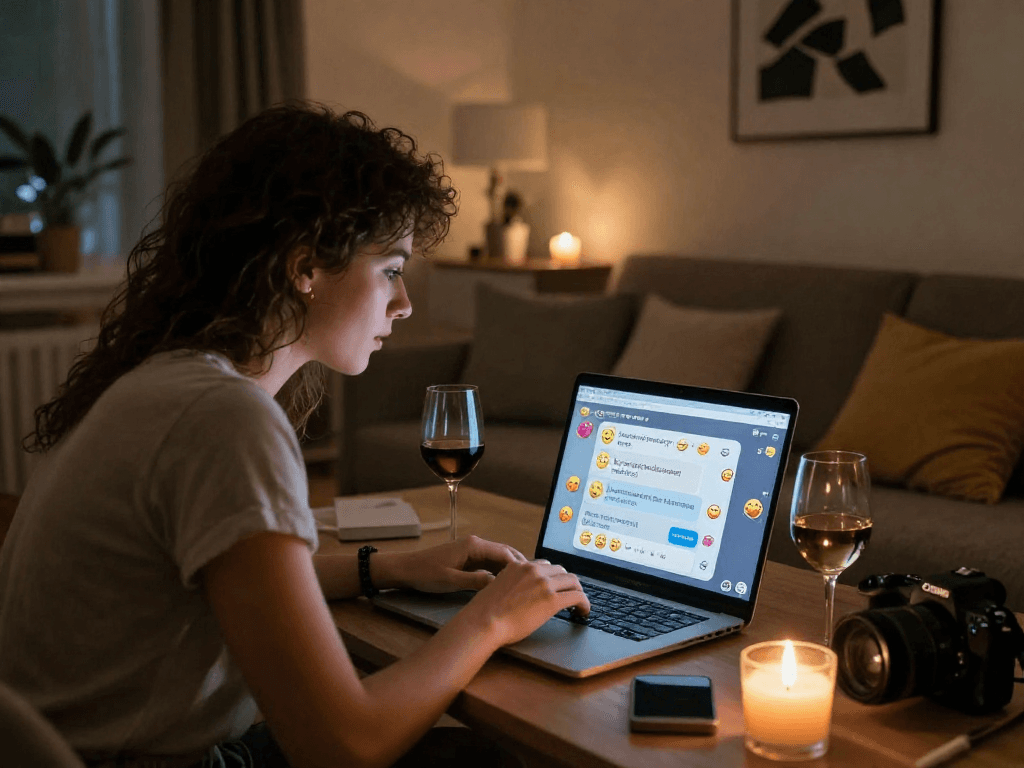 Couple engaging in porn chat AI interaction in cozy living room setting.