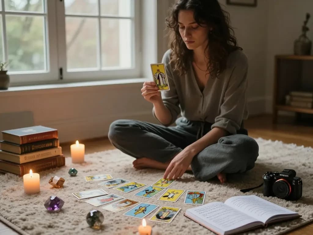 Why do I attract emotionally unavailable partners explored in intimate tarot session with candles and crystals, inviting self-discovery.