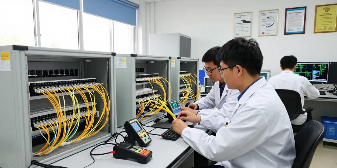 Engineers collaborating on fiber optic networking with LC connectors in a modern lab.