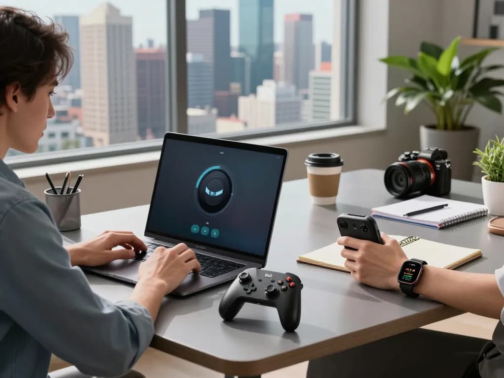 Innovative tech gadgets on a modern workspace desk including the 8BitDo Ultimate 2 controller and AirFly Pro 2