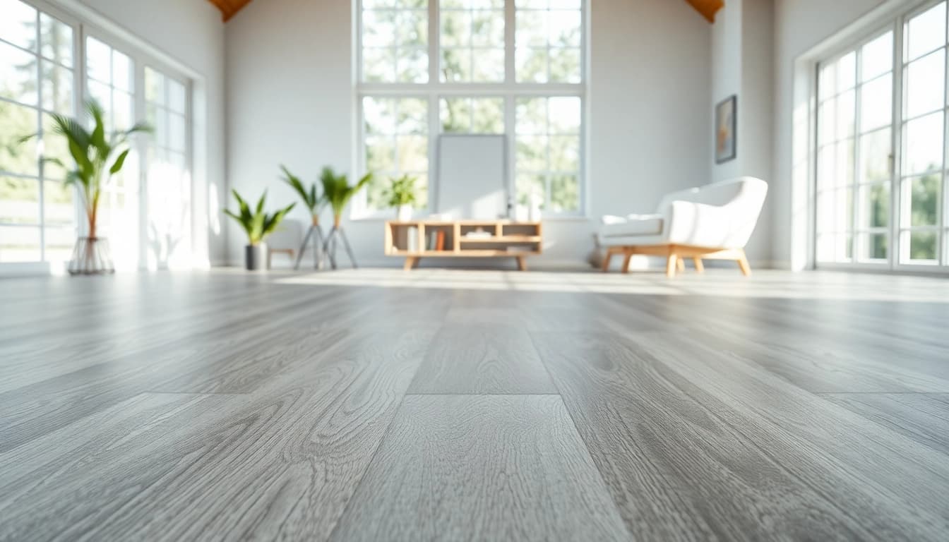 Showcase of lvp floor in a well-lit room emphasizing moonlight grey textures.