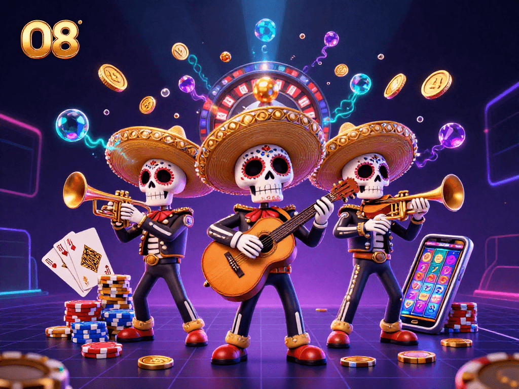 O8 brings excitement as a mariachi band plays, surrounded by gaming elements and vibrant treasures.