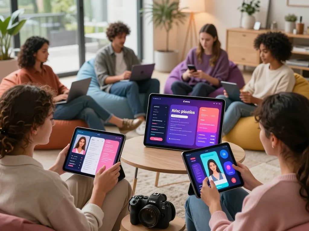 Exploring sex AI applications in digital workspace with diverse individuals discussing technology ethics.