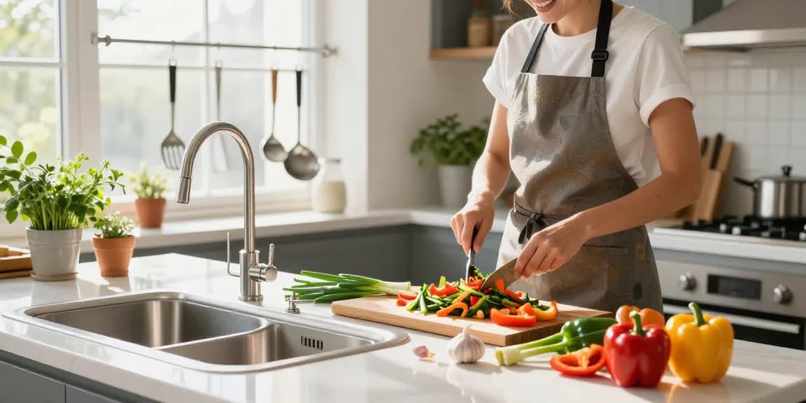 Bright kitchen scene with a kitchen sink in stainless steel and fresh vegetables being prepared.