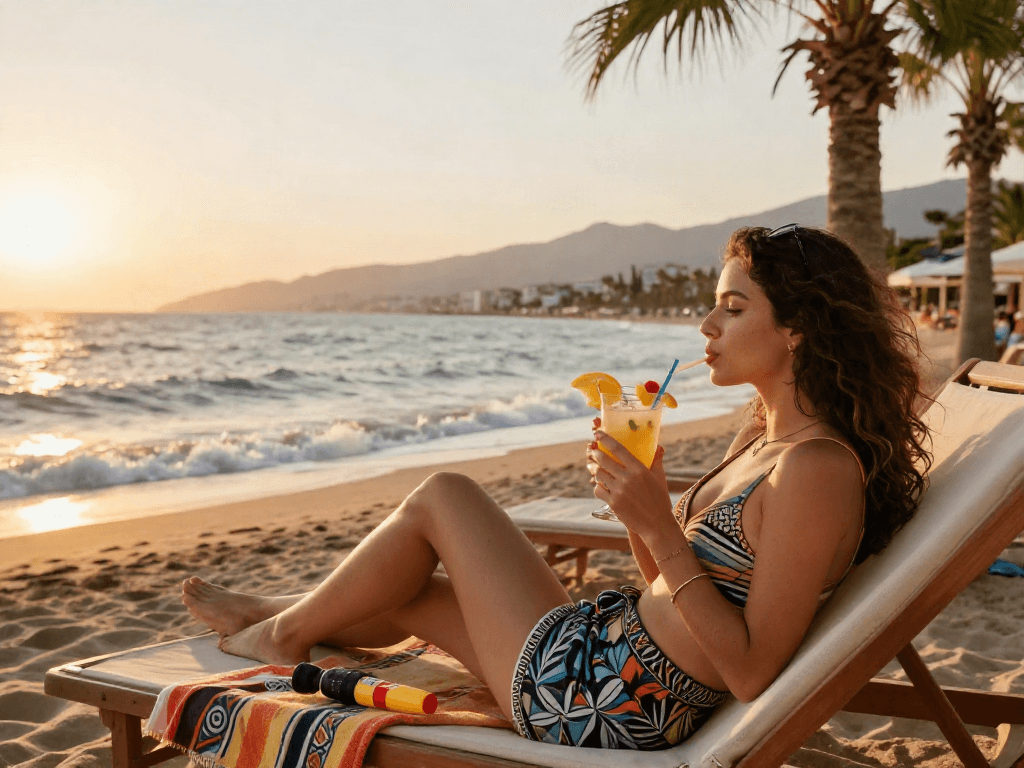 Antalya Ucuz Escort relaxing on the beach during sunset, showcasing luxury and comfort.