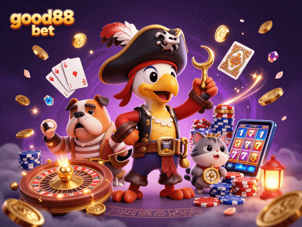 Experience thrilling gameplay at good88 bet with a vibrant illustration showcasing pirates and casino elements.
