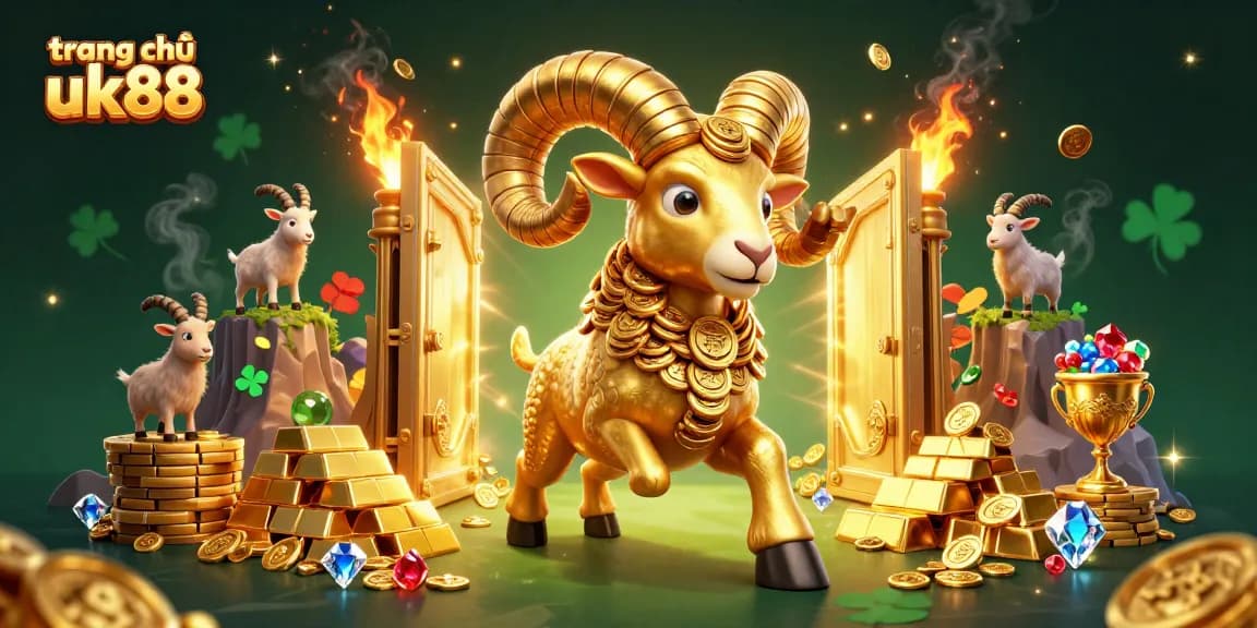 Experience excitement and wealth with trang chủ uk88, featuring a vibrant golden ram charging through a treasure-filled scene.