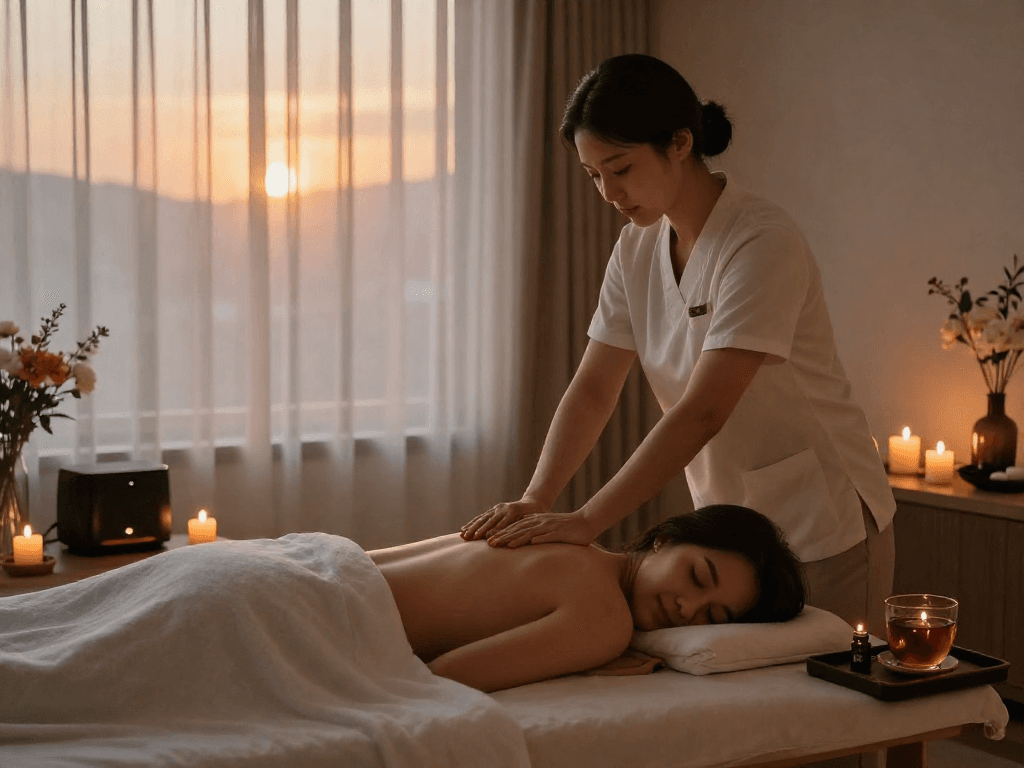 Peaceful 인천출장마사지 scene with a therapist and client, creating a relaxing home atmosphere.