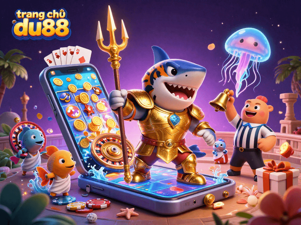 Experience the excitement of trang chủ du88 with vibrant 3D gaming visuals in an underwater setting.