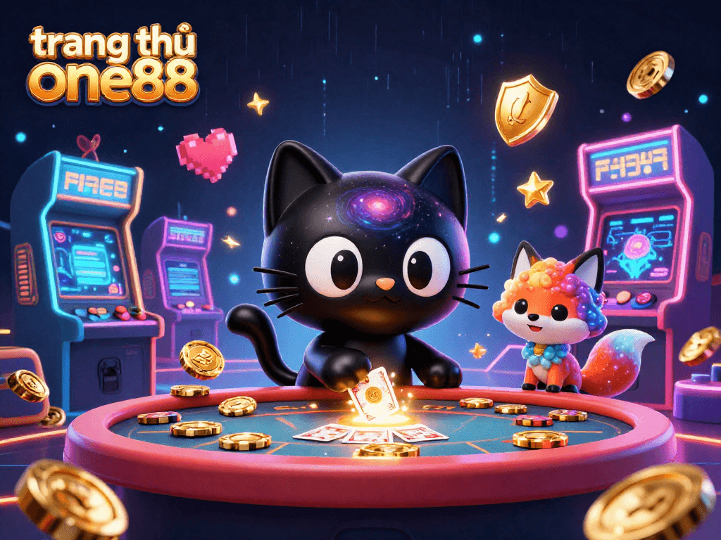 Experience the excitement of trang chủ one88 with a cosmic casino scene featuring vibrant 3D characters and arcade elements.
