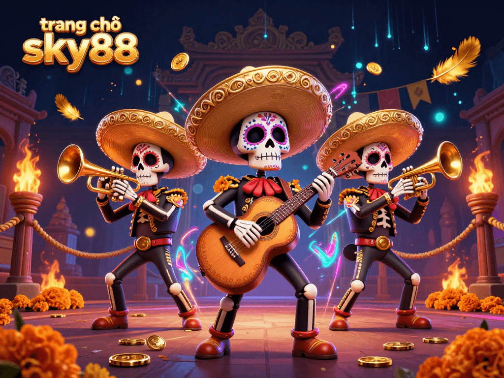 Engage with thrilling games at trang chủ sky88, showcasing vibrant mariachi skeletons amidst dynamic casino elements.