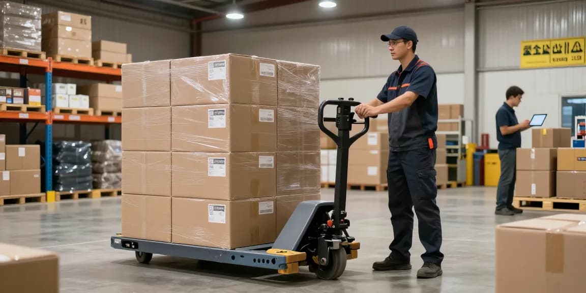 Operator skillfully maneuvering a pallet truck in a busy warehouse, demonstrating efficient material handling.