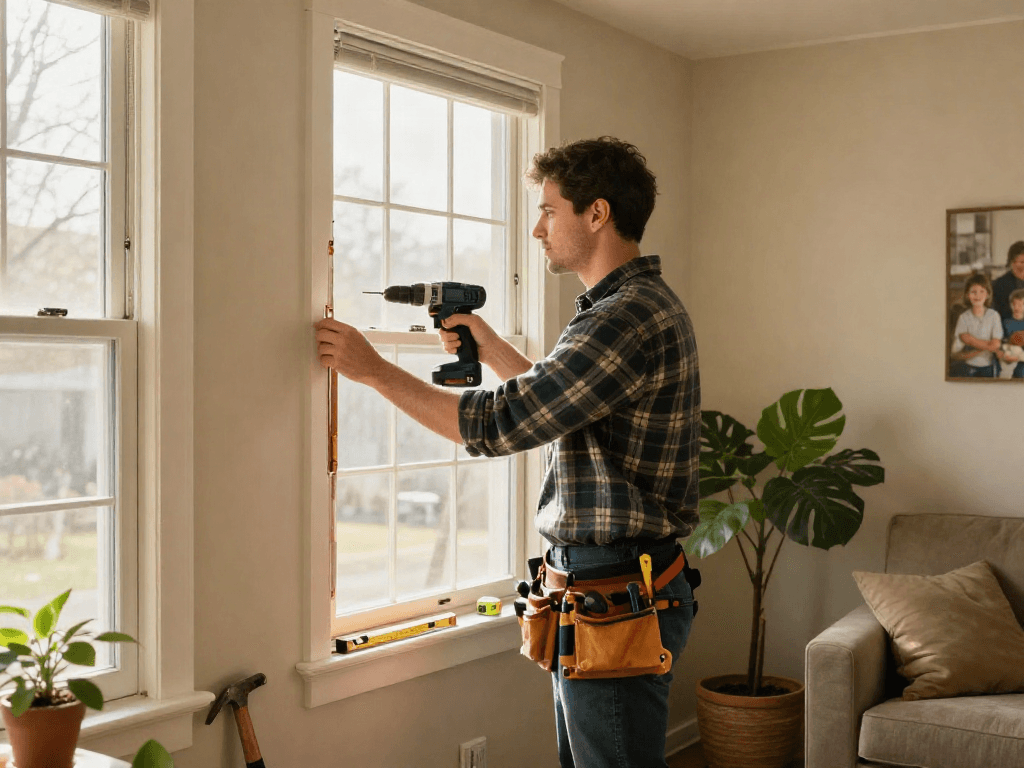 Home repair services Des Moines Iowa with handyman fixing a window frame using power tools.