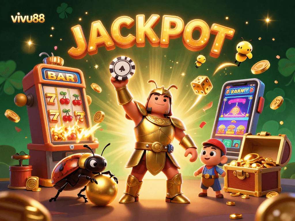 Experience the excitement of vivu88 with a victory scene featuring bold beetles and vibrant casino elements.