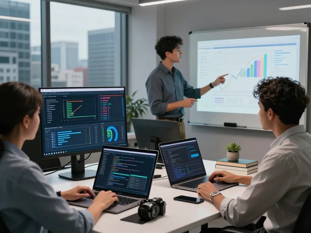 Team collaboration in a modern workspace focused on an ai based seo platform development, showcasing analytics and technology.
