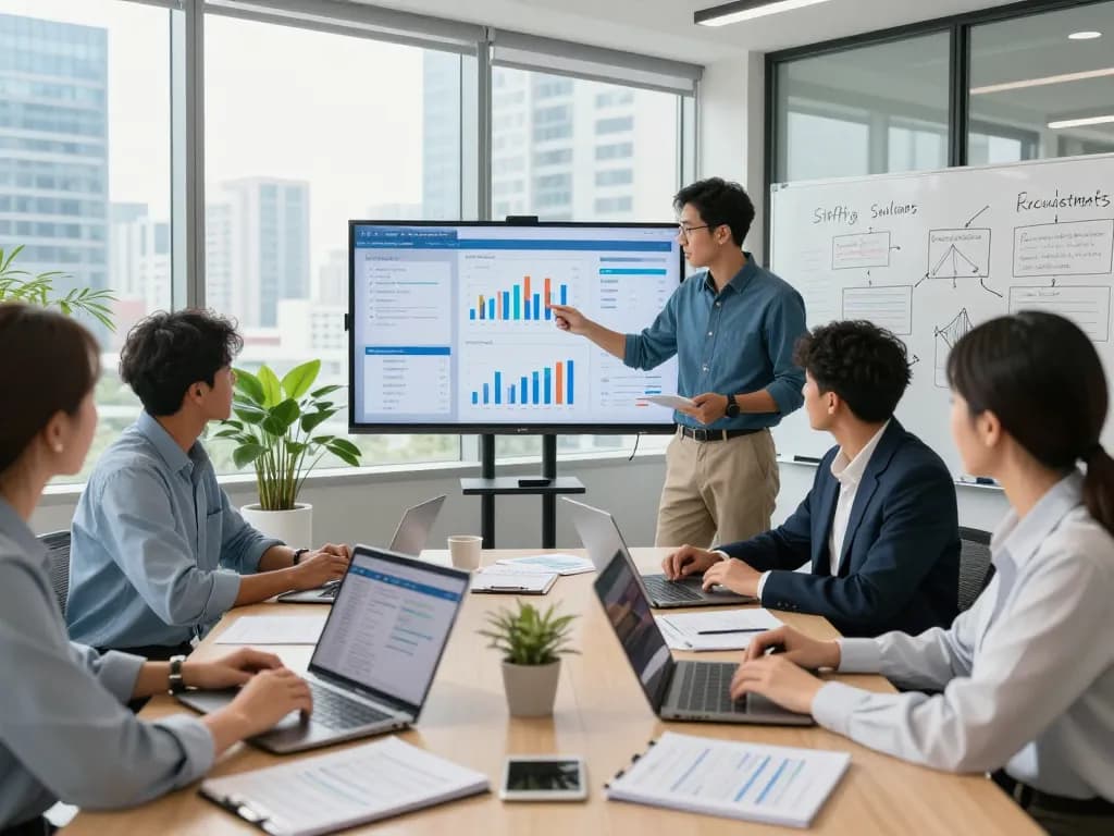 Team meeting focused on staffing agencies with analytics displayed on a screen.