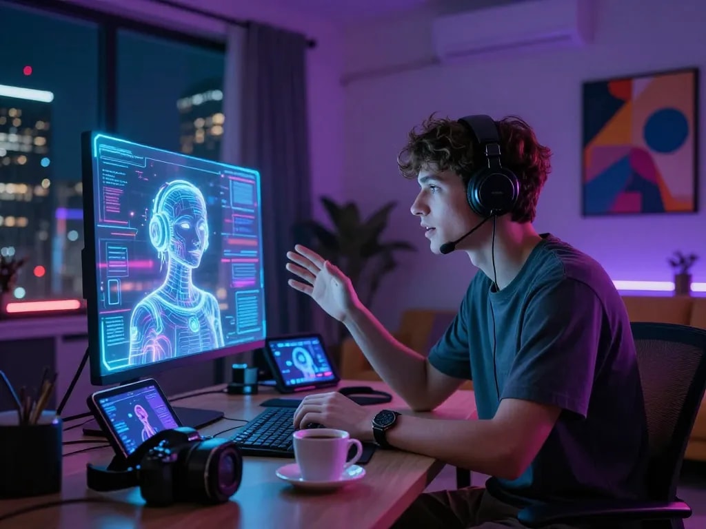 Engaging scene of a user interacting with a porn AI chat in a futuristic digital environment.