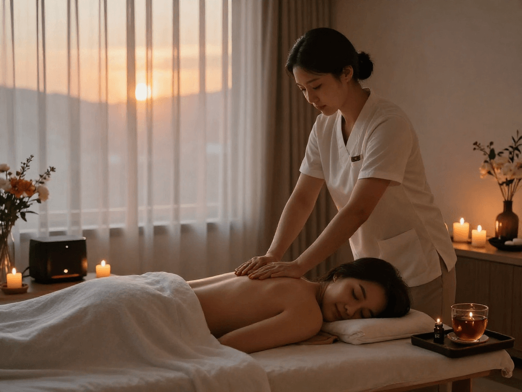 Peaceful 인천출장마사지 scene with a therapist and client, creating a relaxing home atmosphere.
