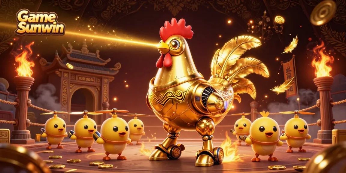 Experience thrilling gameplay with Game Sunwin featuring dynamic golden elements and a futuristic rooster robot.