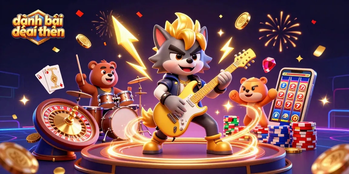Experience đánh bài đổi thưởng with vibrant casino illustrations showcasing rock star characters and dynamic game elements.