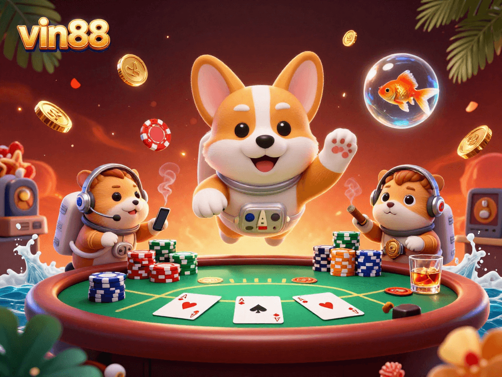 vin88 celebrates a vibrant casino atmosphere with a whimsical scene of fun characters in zero gravity.