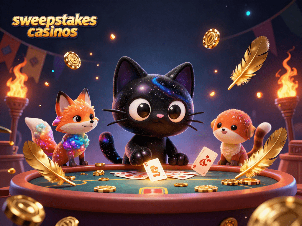Engage with sweepstakes casinos through a cosmic 3D gaming adventure featuring vibrant characters.