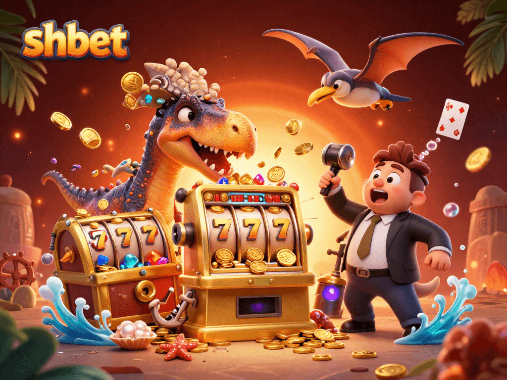 shbet rewards players with exciting jackpot wins while a pteranodon catches flying coins in this vibrant illustration.