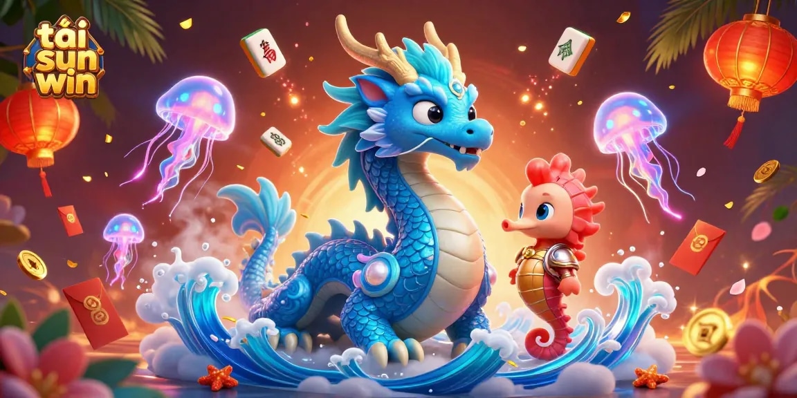 Engage with tải sun win through vibrant 3D casino elements featuring a dragon, knight, and jellyfish.