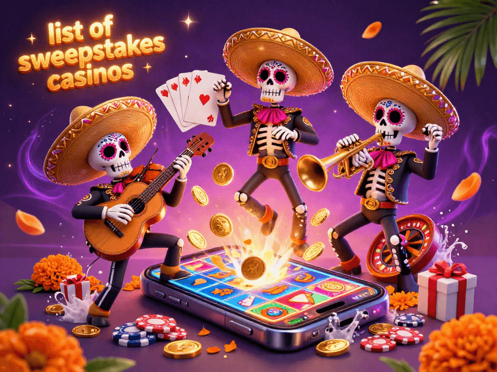 Experience the thrill with this list of sweepstakes casinos illustration featuring vibrant characters and casino elements.