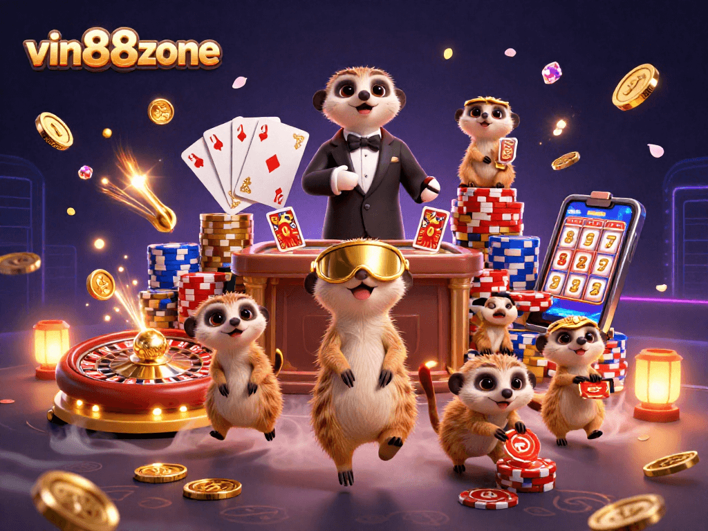 Experience vin88zone's dynamic casino features with charming meerkats guiding your winning play.