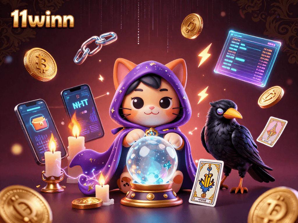 Engage with thrilling games at 11winn, featuring a mystic cat and tarot raven in an electrifying 3D casino scene.