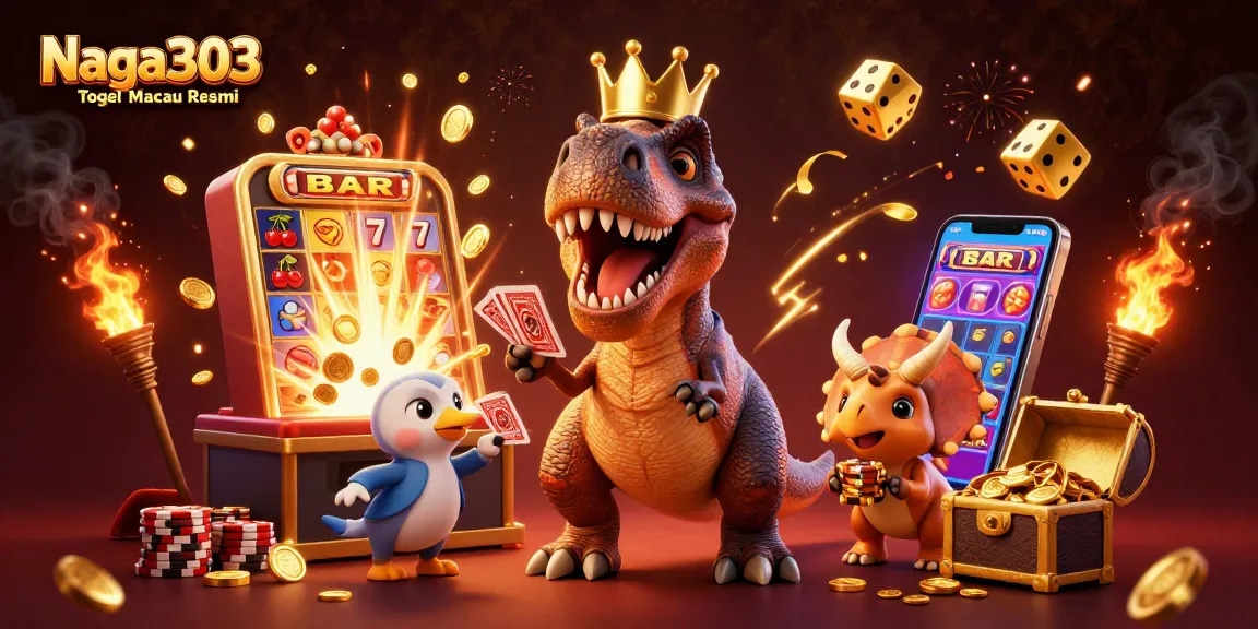 Naga303 Togel Macau Resmi showcases dynamic characters enjoying lively gaming action with fun gambling elements.