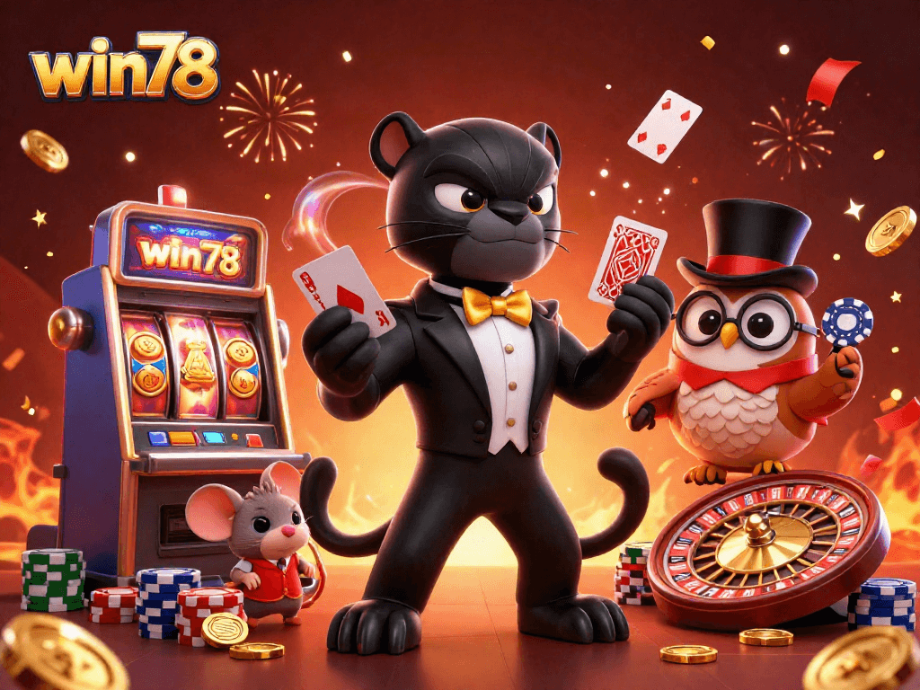 Experience the thrill of win78 with stylish characters at a vibrant casino scene filled with slot machines and winning cards.