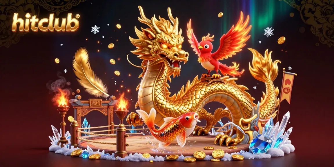 Experience the excitement of hitclub with a dynamic 3D illustration featuring a golden dragon and phoenix amidst an array of gambling elements.