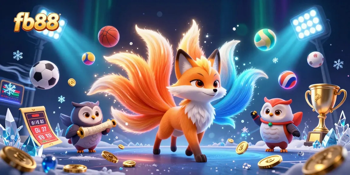 Experience the excitement of fb88 with a colorful nine-tailed fox and wise owl among dynamic sports elements.