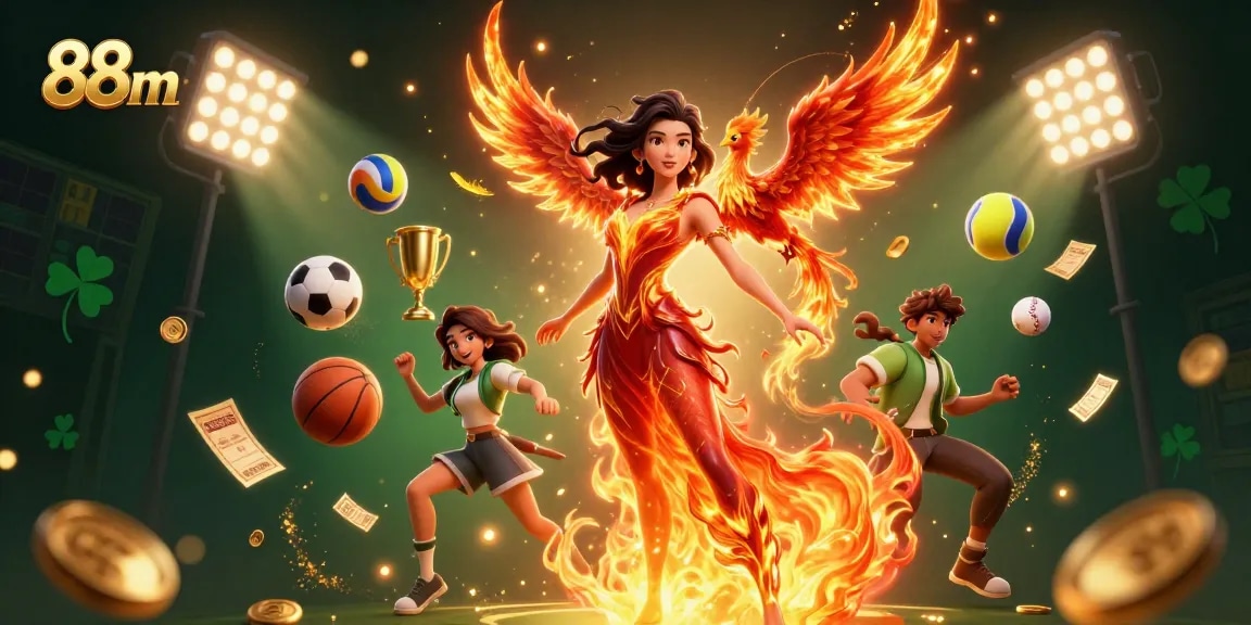 Engage with 88m casino excitement featuring a stunning Asian woman and dynamic sports elements.
