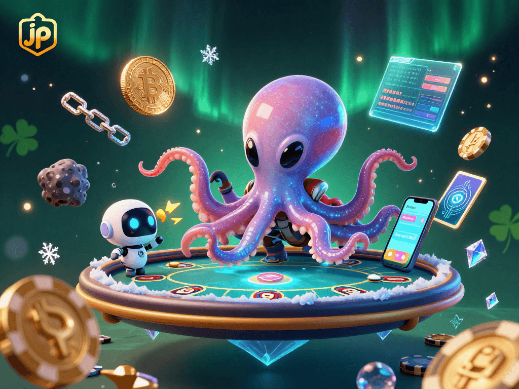 Engage in exciting jp casino action with a vibrant alien octopus character at a holographic poker table.