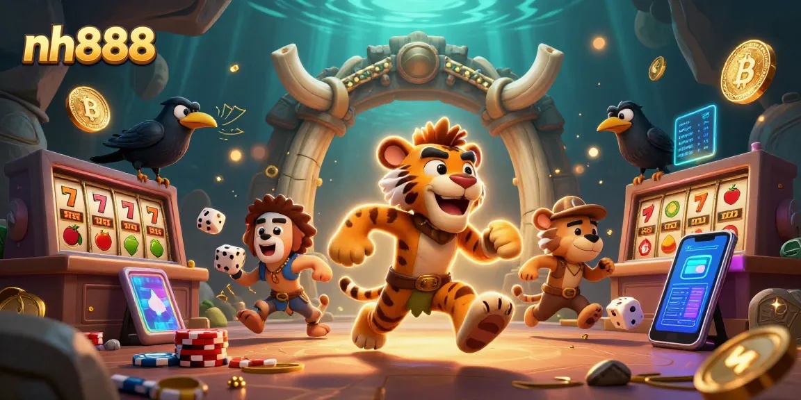 Experience the thrill with nh888 at this dynamic prehistoric casino scene filled with vibrant slots and rich colors.