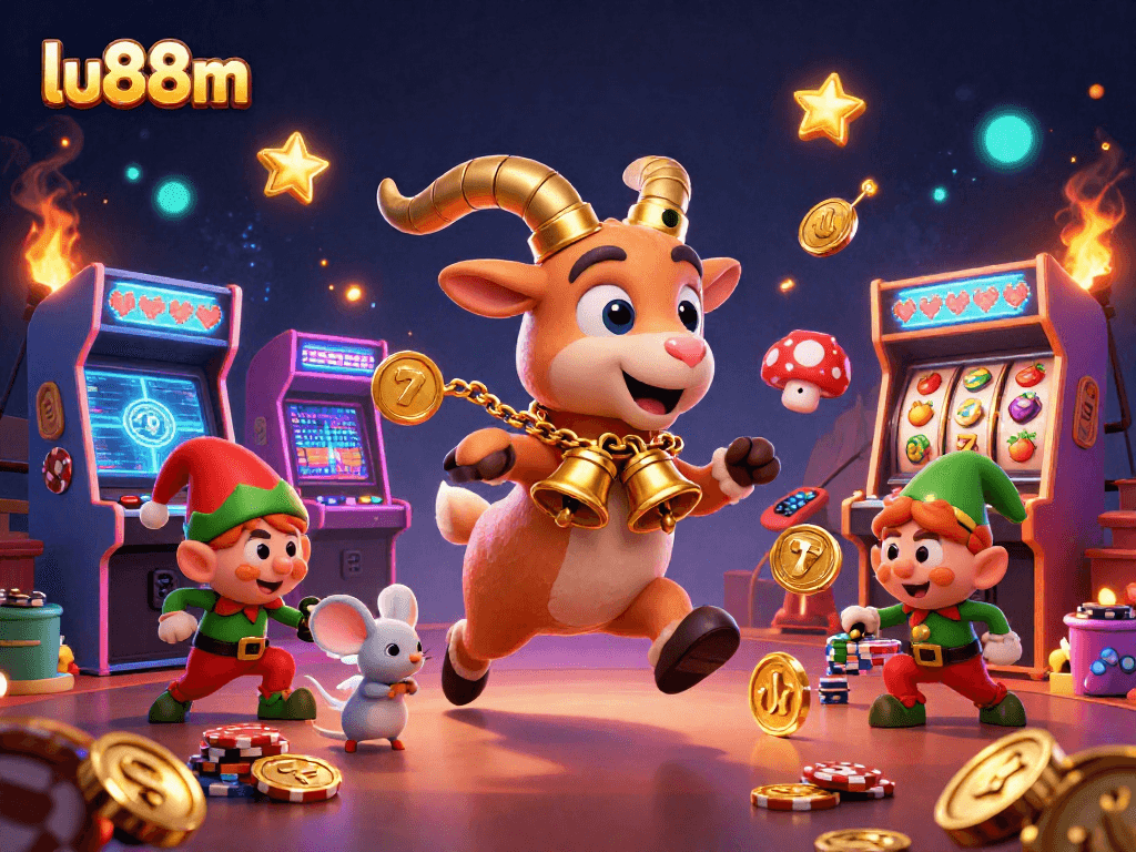 Experience excitement with lu88m's chaotic casino scene featuring animated characters and gaming action.
