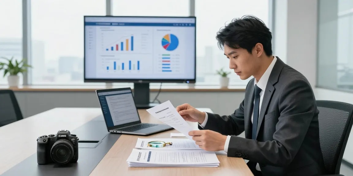 Document fraud detection analysis by a professional in a modern office setting with high-tech equipment.