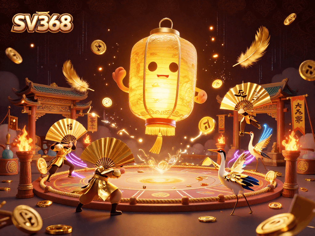 Experience the thrill of SV368 with a vibrant 3D casino scene filled with golden lanterns and lucky symbols.