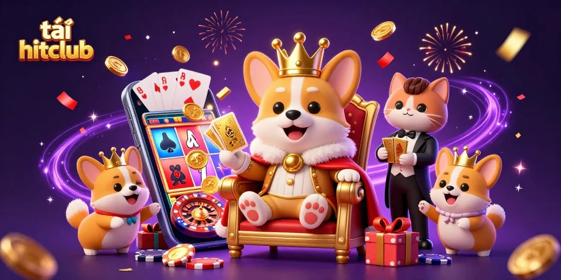 Spin colorful slots and claim victories while enjoying tải hitclub with playful royal corgis and festive elements.